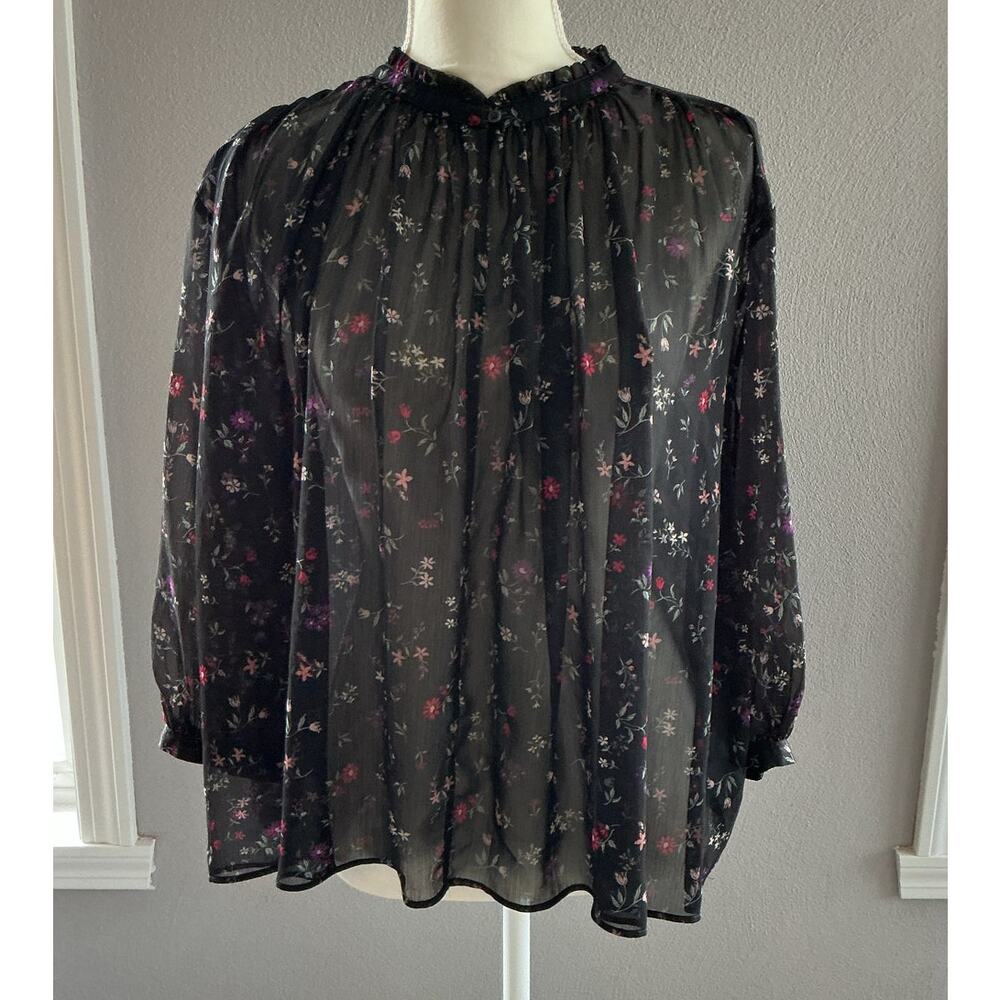 Uniqlo‎ Black Floral Women's Semi Sheer High Neck Peasant Blouse Top Medium